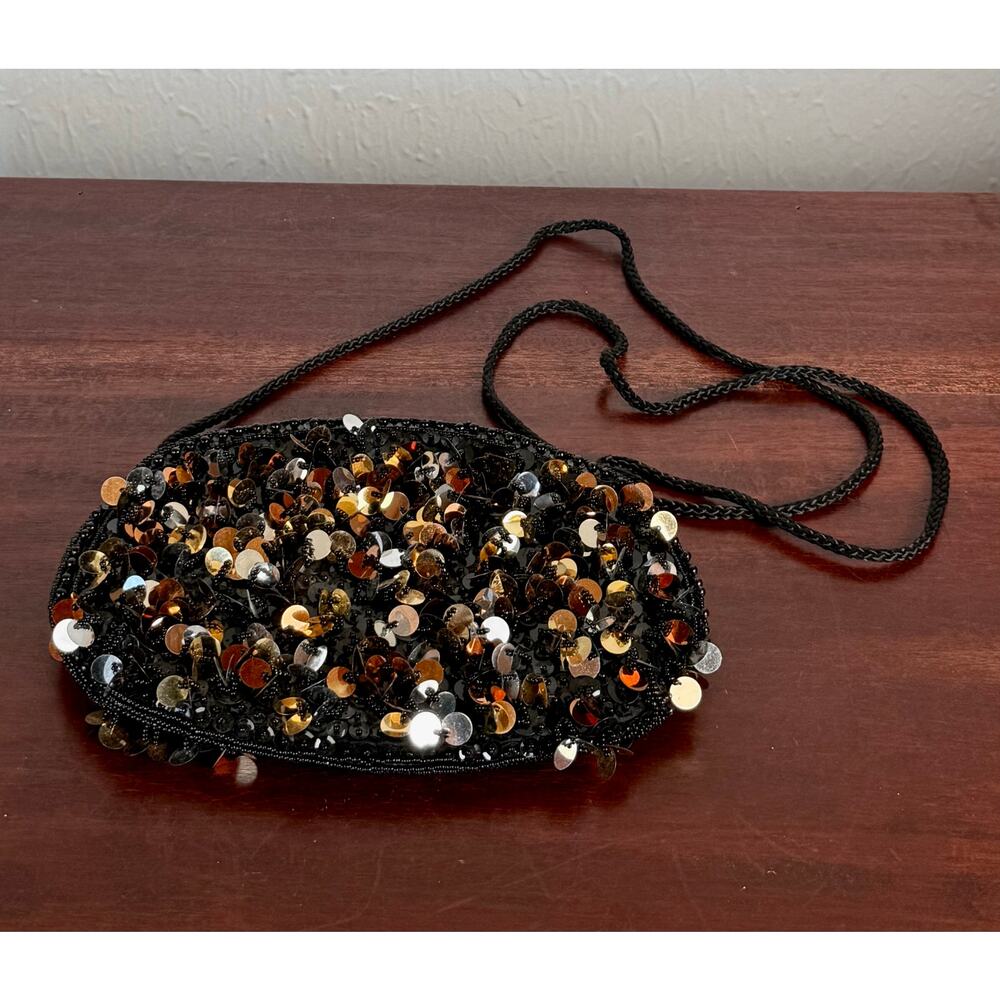 Black Beaded Sequin Evening Purse with Cord Strap